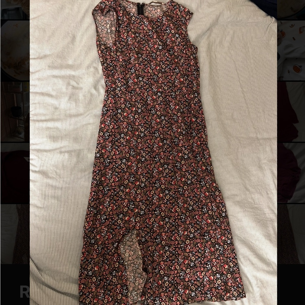 LOFT Black and Pink Floral Midi Dress